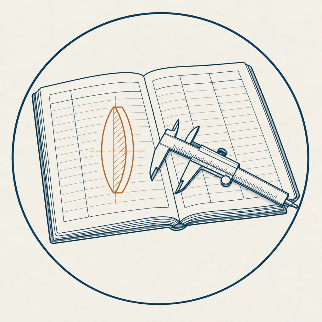 Emblema di Elvira Da Rin: un quaderno tecnico aperto con un calibro e il disegno in sezione di una lente
