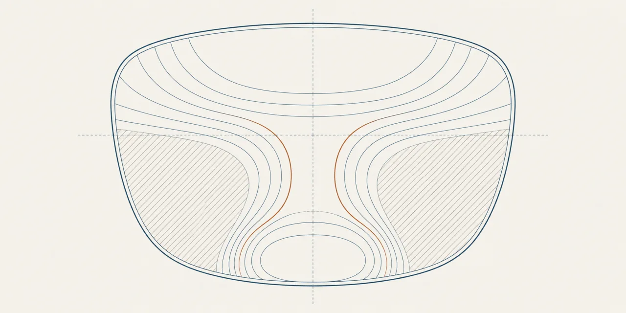 Mappa a curve di livello di una lente progressiva: il corridoio centrale e le zone di distorsione tratteggiate ai lati in basso